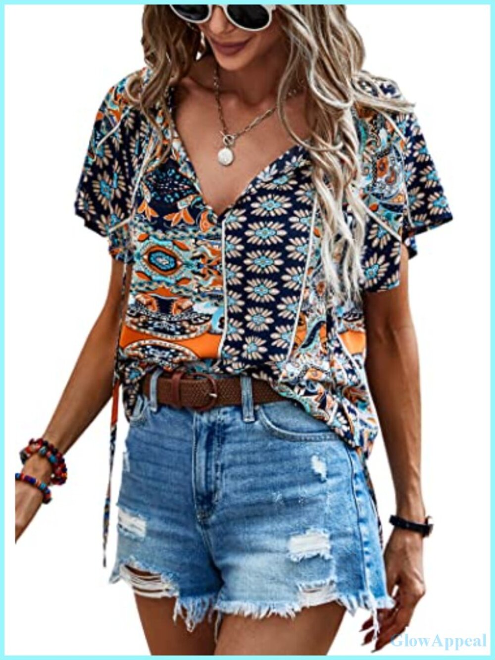 Women's Tunic Top V Neck Ruffle Short Sleeve Floral Boho Blouse S-XXL